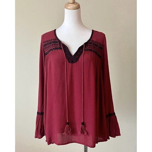 Altard State XS Boho Top Maroon Embroidered Long Sleeve Blouse - Picture 2 of 6